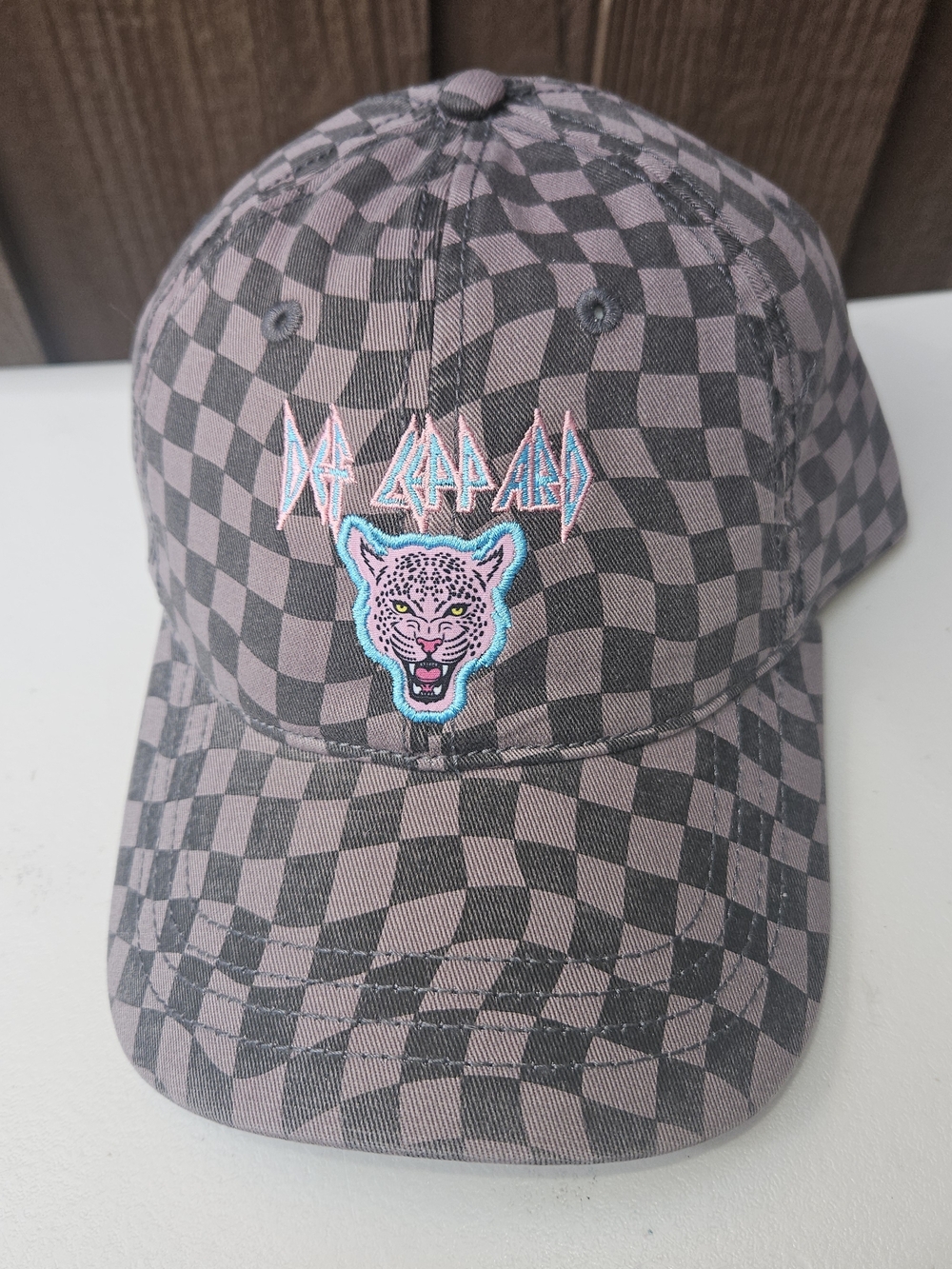 Checkerboard Pink and Black Baseball Cap with Embroidered Leopard